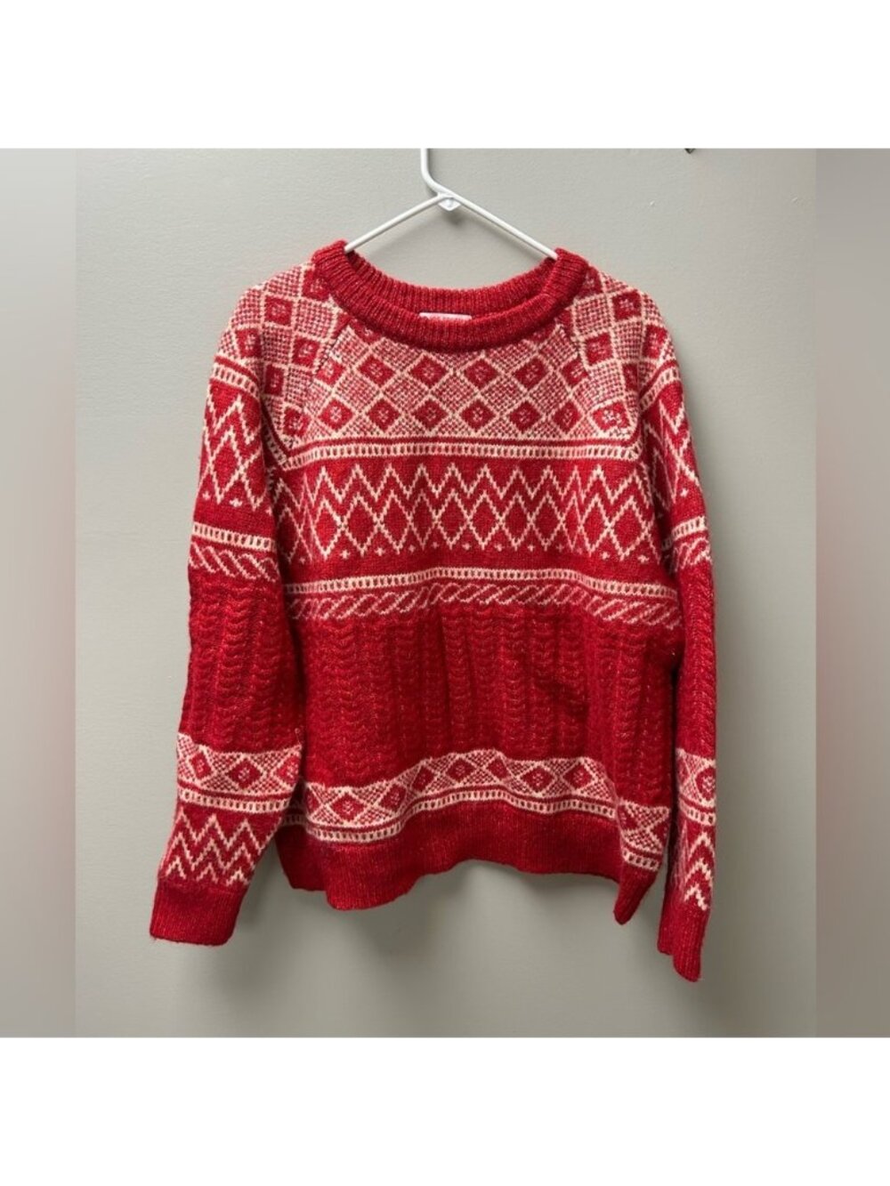 Joe Fresh Red and‎ White Patterned Crewneck Knit Sweater